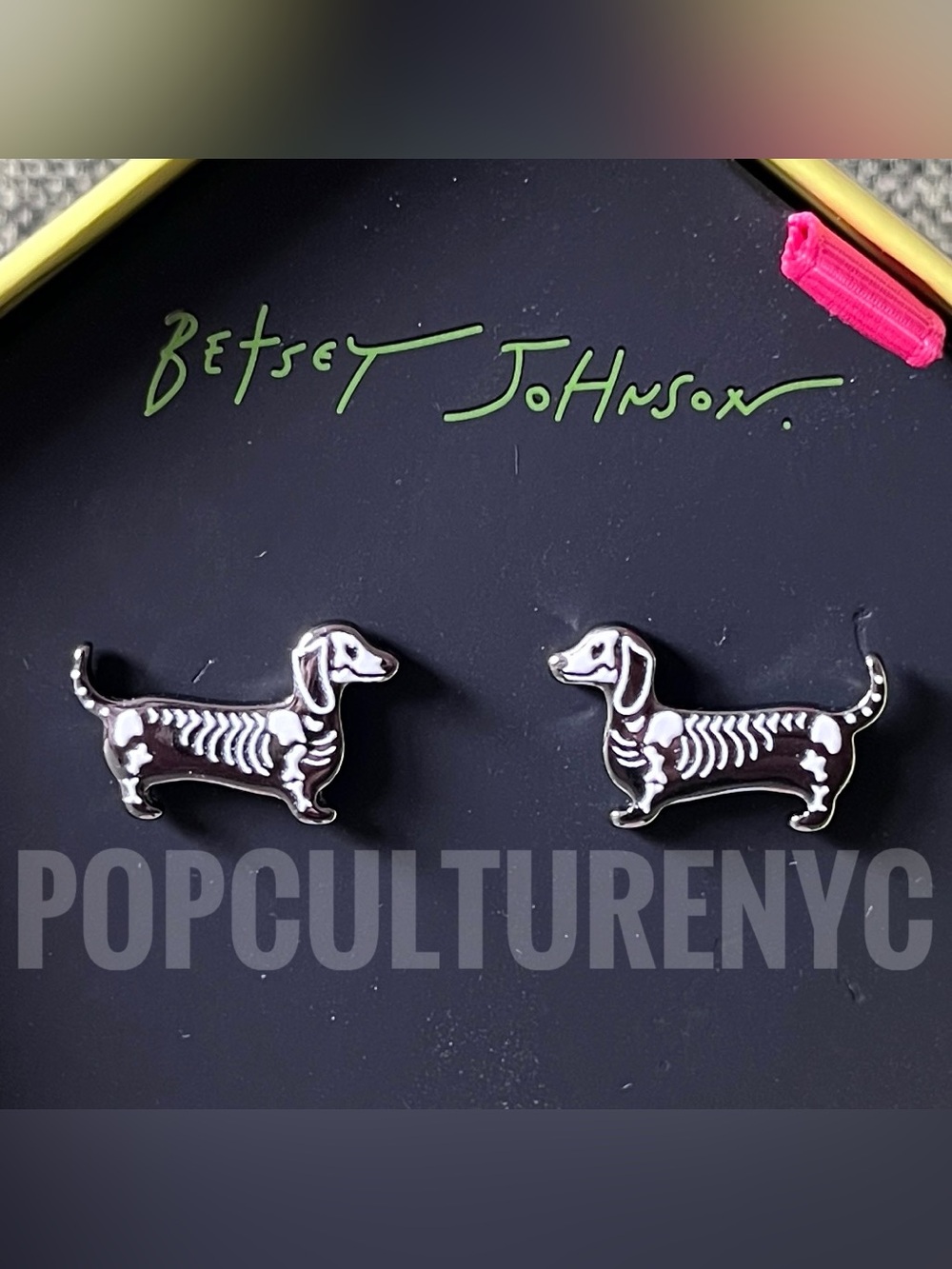 Betsey Johnson Halloween Skeleton Dachshund Wiener Dog Stud Earrings Silver Tone
